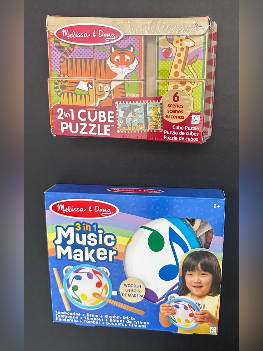 Melissa & Doug 2 in 1 Cube Wood Block
Puzzle & 3 in 1 Music Maker Combo BOTH NEW